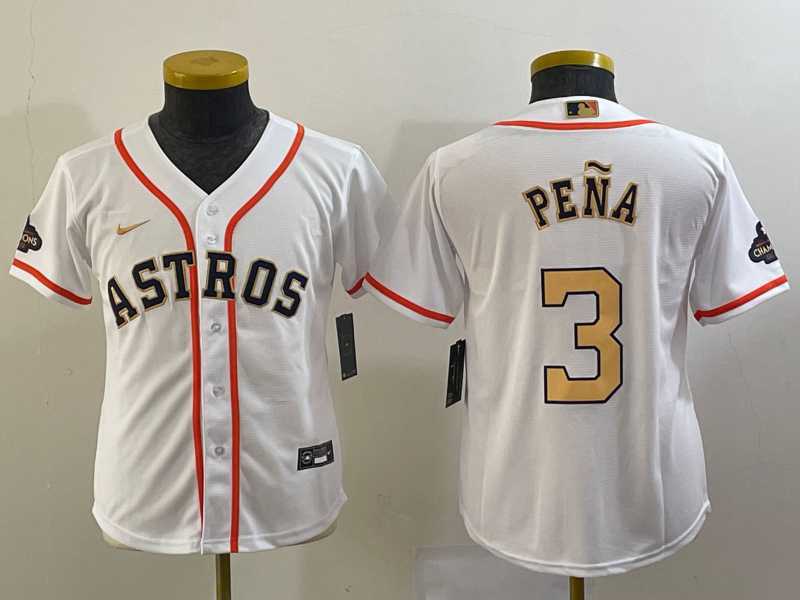 Youth Houston Astros #3 Jeremy Pena 2023 White Gold World Serise Champions Patch Cool Base Stitched Jersey->mlb youth jerseys->MLB Jersey
